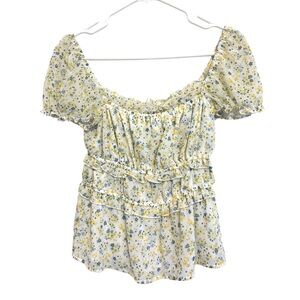 2/$30 Mi Ami - Yellow & Blue Floral Ruffle Short Cap Sleeve Blouse Size Small
